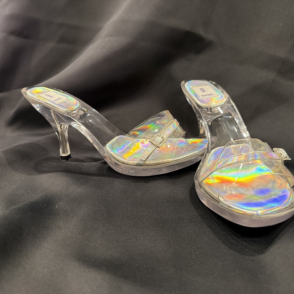 Bakers Y2K Clear Lucite Heels Slide Mule Square Toe Sz 6 B Stiletto Rhinestone